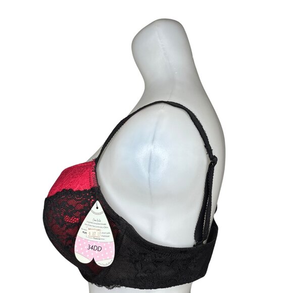 Creme Bralee by QT Intimates Red Black Lace Full Coverage Bra • 34DD • NWT - Picture 2 of 3